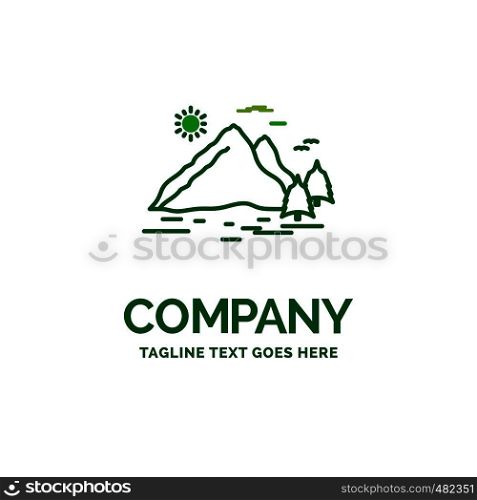 Nature, hill, landscape, mountain, sun Flat Business Logo template. Creative Green Brand Name Design.