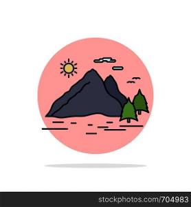 Nature, hill, landscape, mountain, sun Flat Color Icon Vector
