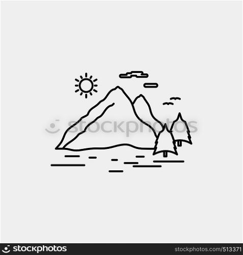 Nature, hill, landscape, mountain, sun Line Icon. Vector isolated illustration. Vector EPS10 Abstract Template background