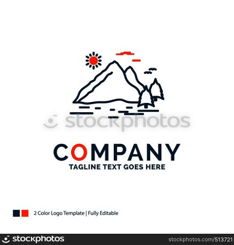 Nature, hill, landscape, mountain, sun Logo Design. Blue and Orange Brand Name Design. Place for Tagline. Business Logo template.