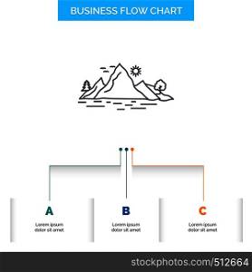 Nature, hill, landscape, mountain, tree Business Flow Chart Design with 3 Steps. Line Icon For Presentation Background Template Place for text. Vector EPS10 Abstract Template background