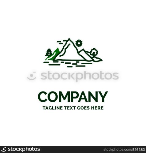 Nature, hill, landscape, mountain, tree Flat Business Logo template. Creative Green Brand Name Design.