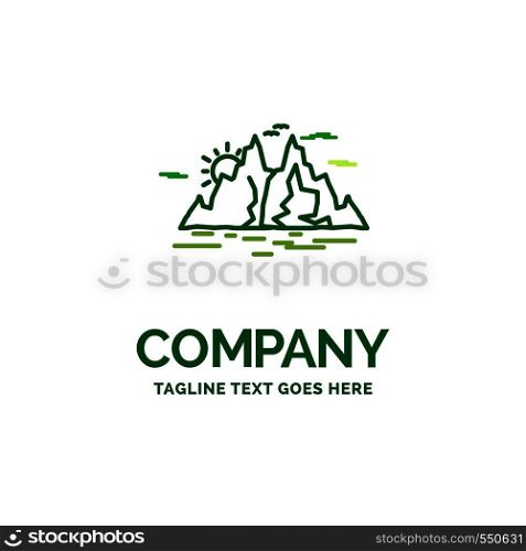 Nature, hill, landscape, mountain, water Flat Business Logo template. Creative Green Brand Name Design.