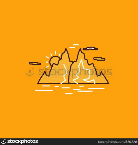 Nature, hill, landscape, mountain, water Flat Line Filled Icon. Beautiful Logo button over yellow background for UI and UX, website or mobile application. Vector EPS10 Abstract Template background