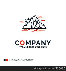 Nature, hill, landscape, mountain, water Logo Design. Blue and Orange Brand Name Design. Place for Tagline. Business Logo template.