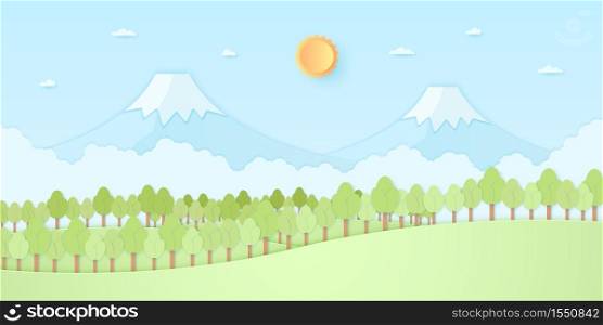 Nature hill, mountain, trees with sun and blue sky, paper art style