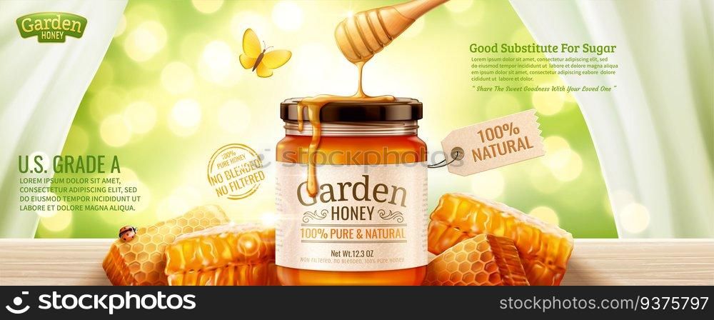 Nature honey banner ads with honeycomb and liquid dripping down from top on glitter green background in 3d illustration. Nature honey banner ads