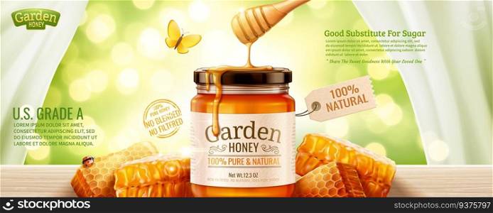 Nature honey banner ads with honeycomb and liquid dripping down from top on glitter green background in 3d illustration. Nature honey banner ads