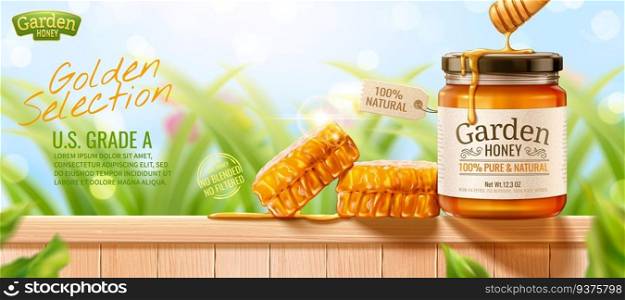 Nature honey banner ads with honeycomb on wooden fence and bokeh grass background in 3d illustration. Nature honey banner ads