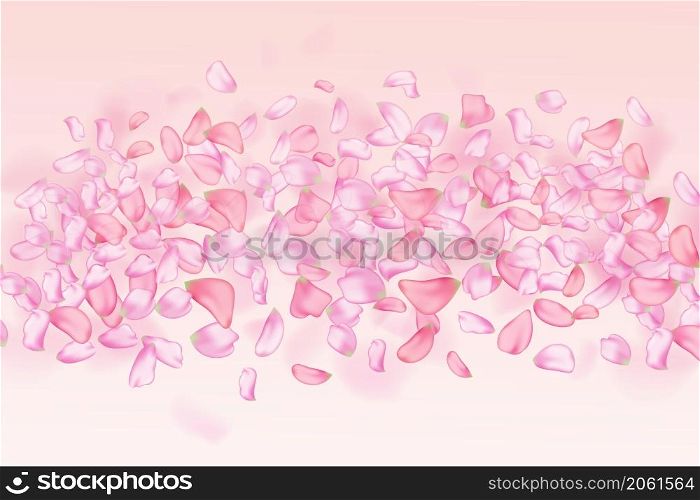 Nature horizontal background.Pink falling sakura petals.Vector background with spring cherry blossom.. Pink falling sakura petals.Nature horizontal background.