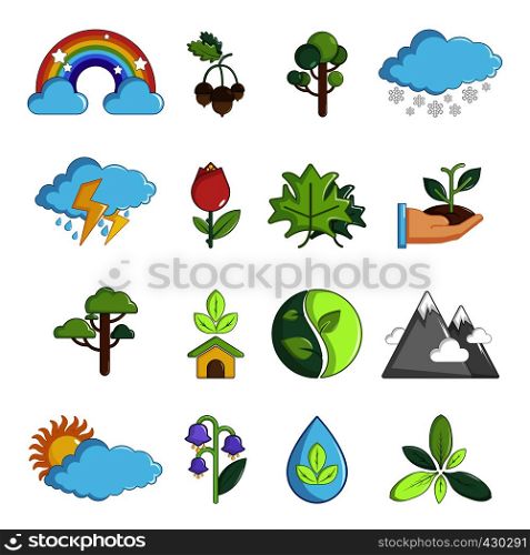 Nature icons set symbols. Cartoon illustration of 16 nature symbols vector icons for web. Nature icons set symbols, cartoon style