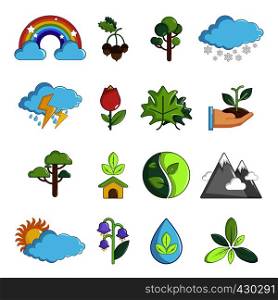 Nature icons set symbols. Cartoon illustration of 16 nature symbols vector icons for web. Nature icons set symbols, cartoon style