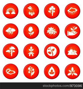 Nature icons set vector red circle isolated on white background . Nature icons set red vector