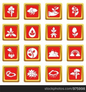 Nature icons set vector red square isolated on white background . Nature icons set red square vector