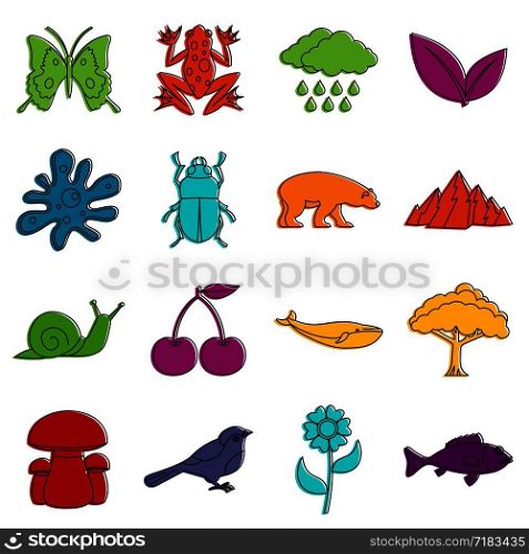 Nature items icons set. Doodle illustration of vector icons isolated on white background for any web design. Nature items icons doodle set