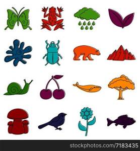 Nature items icons set. Doodle illustration of vector icons isolated on white background for any web design. Nature items icons doodle set