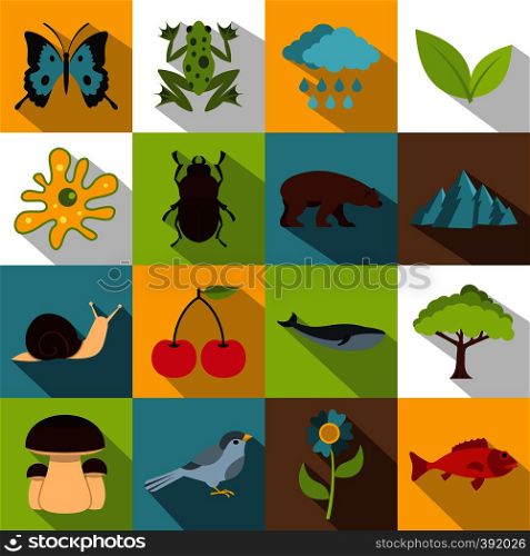 Nature items icons set. Flat illustration of 16 nature items vector icons for web. Nature items icons set, flat style