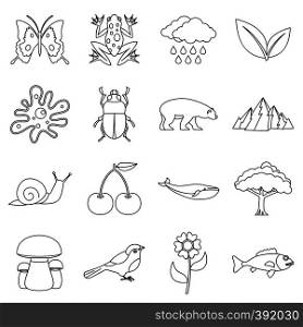 Nature items icons set. Outline illustration of 16 nature items vector icons for web. Nature items icons set, outline style