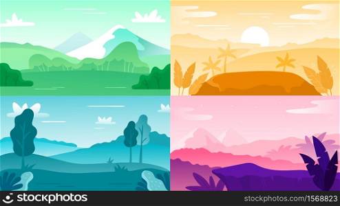 Nature landscape background. Landscape sky and mountain, hill outdoor and tree natural colorful, vector illustration, natural forest sunrise. Nature landscape background. Landscape sky and mountain