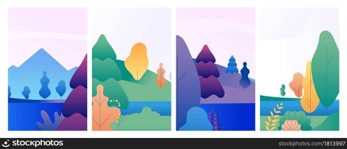 Nature landscape cards. Winter summer spring banners, forest and lake minimal style social media vector templates. Scene spring and autumn, summer landscape and winter illustration. Nature landscape cards. Winter summer spring banners, forest and lake minimal style social media vector templates