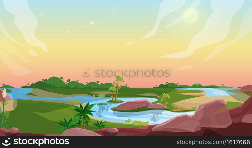 Nature landscape cartoon vector background of game animation, user interface or ui design. Ground, sky, forest trees and grass meadow levels with river, sun and clouds, rocks and tropical plants. Game nature landscape cartoon vector background