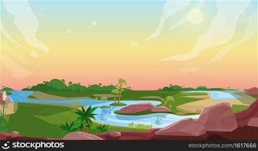 Nature landscape cartoon vector background of game animation, user interface or ui design. Ground, sky, forest trees and grass meadow levels with river, sun and clouds, rocks and tropical plants. Game nature landscape cartoon vector background