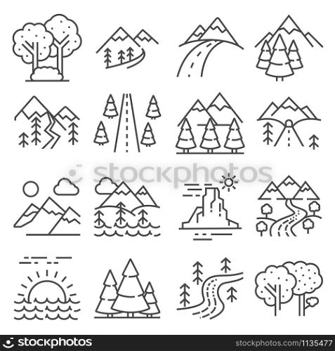 Nature Landscape Icons, Thin Line Style. Forest and valley, park image, rural and agriculture farming environment. Nature Landscape Icons, Thin Line Style on white background