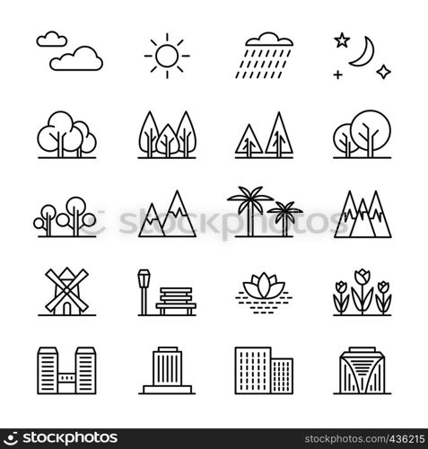 Nature landscape line vector elements and houses. Outline trees and mountains icons. City building and green tree outline illustration. Nature landscape line vector elements and houses. Outline trees and mountains icons