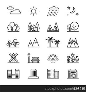 Nature landscape line vector elements and houses. Outline trees and mountains icons. City building and green tree outline illustration. Nature landscape line vector elements and houses. Outline trees and mountains icons