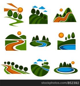 Nature landscape logo templates for green ecology environment or landscaping designing and horticulture or travel company. Vector isolated labels of forest trees, river in valley and sun or mountains. Landscape design company vetor green trees nature icons set