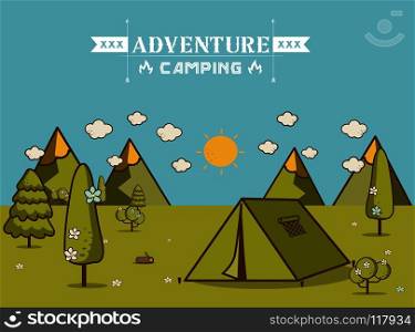 nature landscape. morning landscape in the mountains. solitude in nature by the mountain. weekend in the tent. hiking and c&ing. vector flat illustration