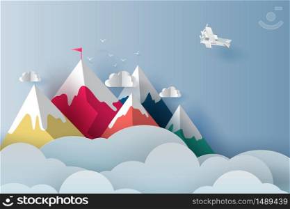 Nature Landscape Plane flying over targeted top colorful mountain with red flag on blue sky.Business success and teamwork targeted mountain concept idea. Creative Paper art and digital craft style