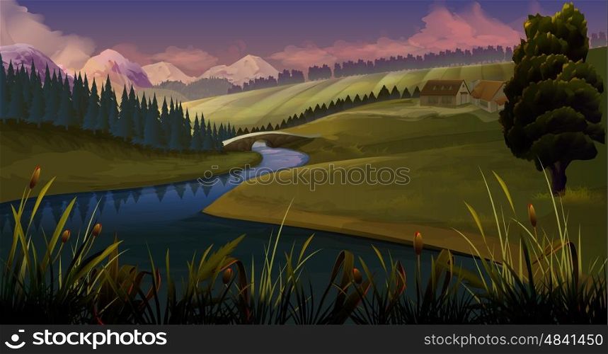 Nature, landscape river evening, vector background