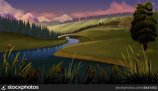Nature, landscape river evening, vector background