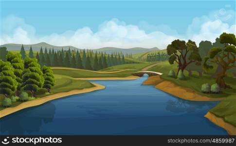 Nature landscape, river, vector background