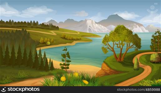 Nature landscape, sea bay, vector background