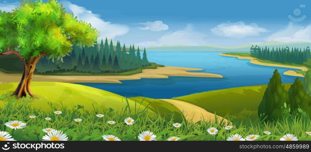 Nature landscape, stream valley, vector background