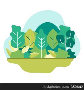 Nature landscape Summer or spring. Green meadows tree in forest, mountains. Flat style illustration of nature.
