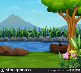 Nature landscape with a river and mountain background