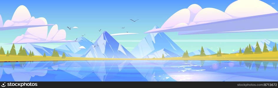 Nature landscape with mountains and blue crystal pond or lake, green field and birds in sky with fluffy clouds fly above rocks and calm water surface. Panoramic background, Cartoon vector illustration. Nature landscape with mountains and blue pond