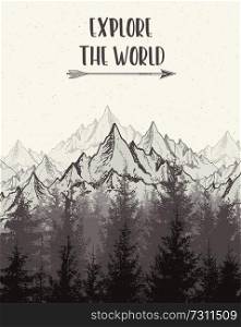 Nature landscape with mountains and fir tree. Vintage travel background. Vector illustration