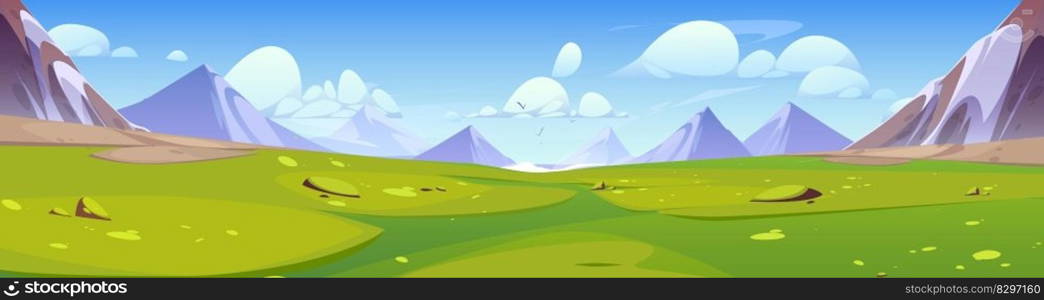 Nature landscape with mountains, green valley and clouds in sky. , trees, road and clouds in sky. Summer scene of fields with green grass and rocks range with snow, vector cartoon illustration. Nature landscape with mountains, green valley