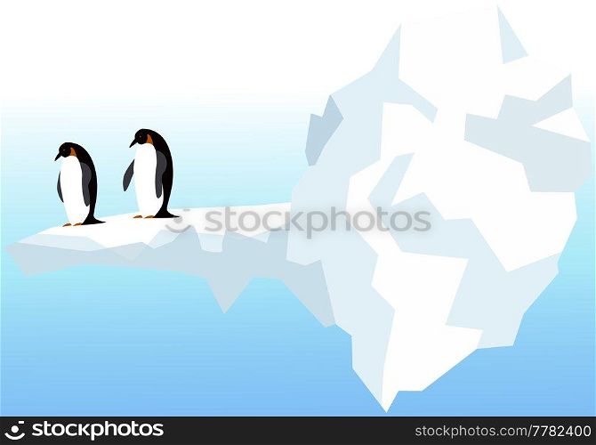 Nature landscape with penguins, icebergs and mountains. Antarctic climate, winter, cold weather. Flightless seabirds living in antarctica. Swimming birds, penguins, marine animals vector illustration. Nature landscape with penguins, ocean and icebergs. Flightless seabirds living in antarctica