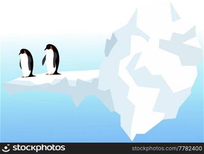 Nature landscape with penguins, icebergs and mountains. Antarctic climate, winter, cold weather. Flightless seabirds living in antarctica. Swimming birds, penguins, marine animals vector illustration. Nature landscape with penguins, ocean and icebergs. Flightless seabirds living in antarctica