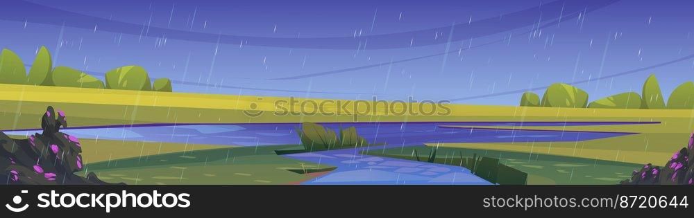 Nature landscape with river mouth flow into pond at summer rain or storm. Lake in green fields with grass and bushes under dull grey sky. Panoramic background for game, Cartoon vector illustration. Nature landscape with river mouth flow into pond