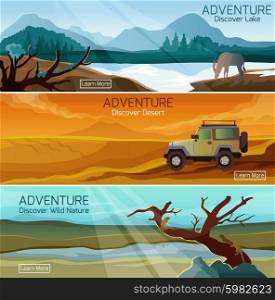 Nature landscapes travel flat banners set. Discover nature wild life 3 flat banners set with lake and desert adventures abstract isolated vector illustration