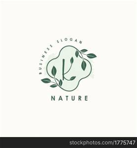 Nature Letter K logo. Green vector logo design botanical floral leaf with initial letter logo icon for nature business.