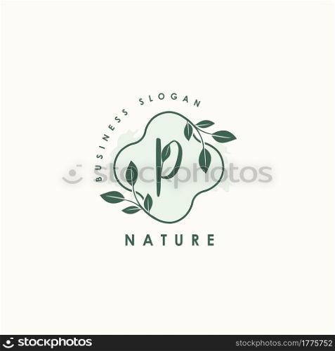 Nature Letter P logo. Green vector logo design botanical floral leaf with initial letter logo icon for nature business.