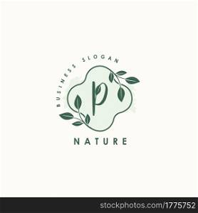 Nature Letter P logo. Green vector logo design botanical floral leaf with initial letter logo icon for nature business.