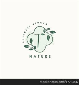 Nature Letter T logo. Green vector logo design botanical floral leaf with initial letter logo icon for nature business.